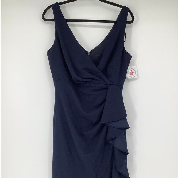 Betsy & Adam Women's 12 Navy V-Neck Cascade Ruffle High-Low Gown Evening OS26-16 - Picture 6 of 10